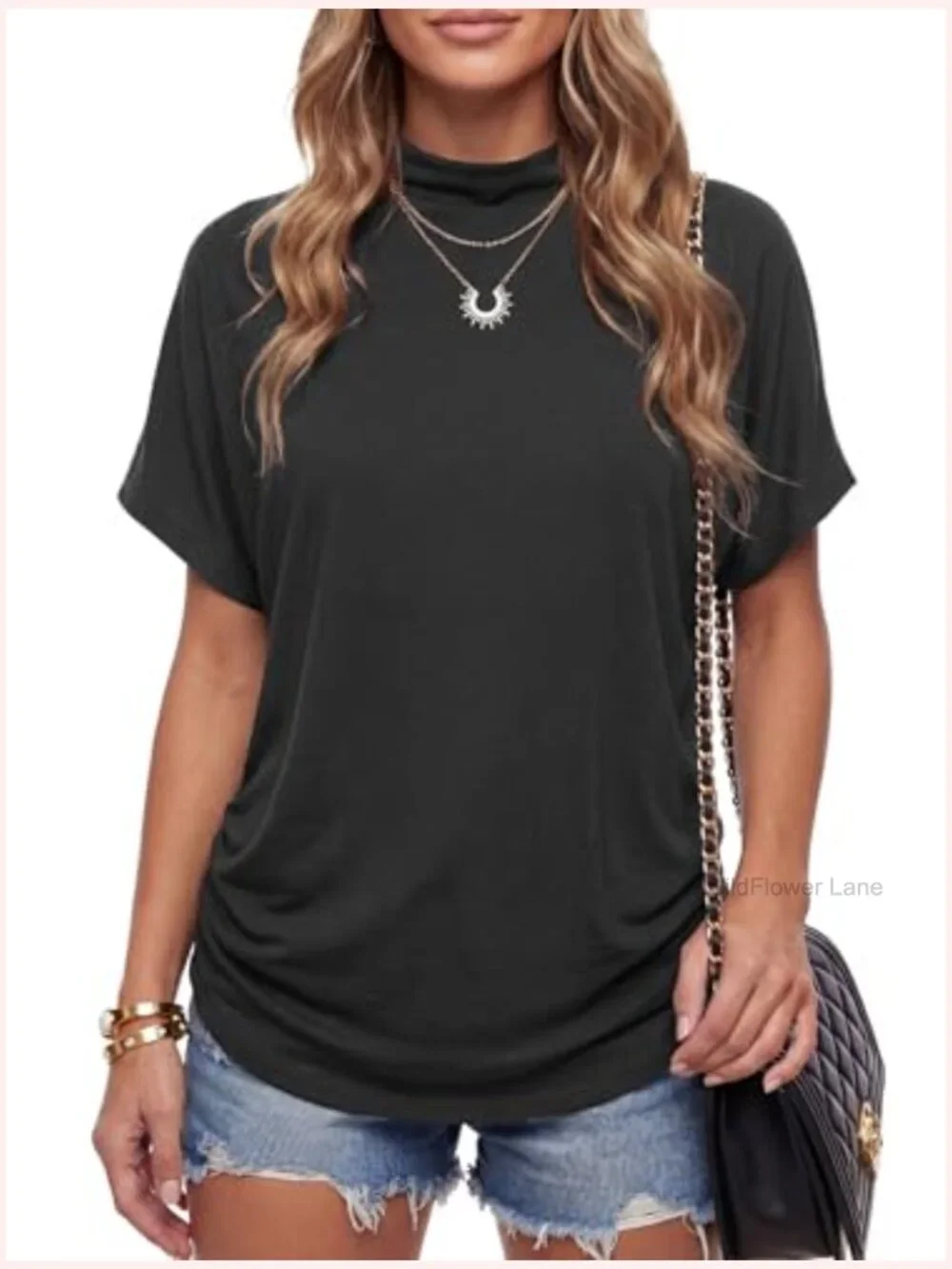 Mock Neck Batwing Short Sleeve Asymmetric Hem Blouse - Picture 3 of 7